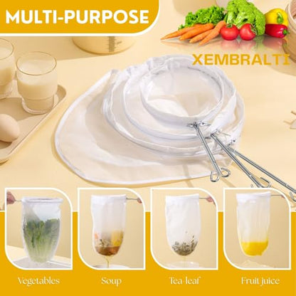 XEMBRALTI Nut Milk Bag with Handle, Fine Mesh Strainer Bag for Tea/Yogurt/Juice/Wine/Soup/Coffee & Cheese Making, Washable Reusable Almond Milk Strainer (Small Strainer Bag*3 + Handle*1) - size: Small Strainer Bag*3 + Handle*1
