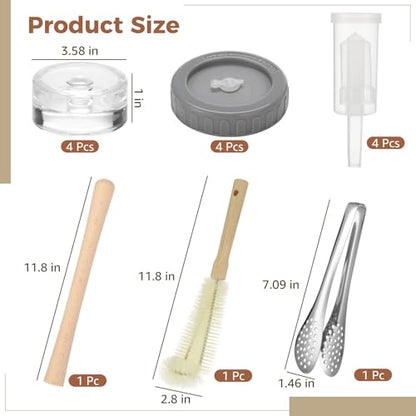 Fermentation Kit Accessories Set for Wide Mouth Jars, Includes 4 Pcs Plastic Lids with Airlocks, 4 Clear Glass Weights, Brush, Wooden Blending Stick, 7 in Stainless Tongs for Home Fermenting