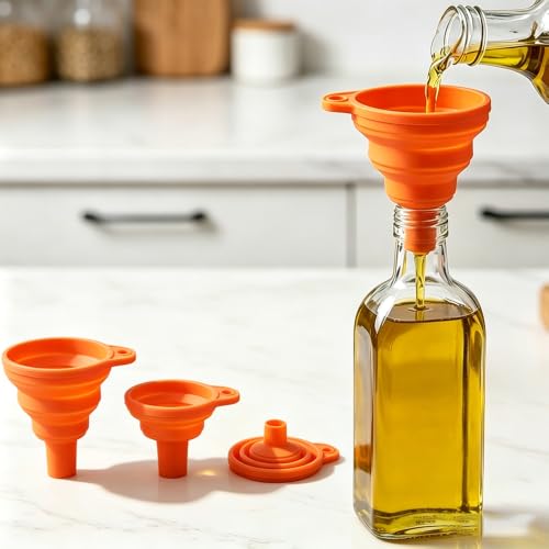 Kitchen Funnel 3 Pack - Food Grade Silicone Collapsible Funnel, Funnels for Kitchen Use Filling Bottles, Daily Cooking, and Water or Powder Transfer. Orange - color: 3PCS-Orange