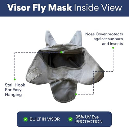 Horse Fly Mask with Nose Cover and Ears - 95% UV Eye Protection - Built-in Visor - Breathable, Lightweight Mask - Adjustable Fit for Comfort Horse Medium/Large Size