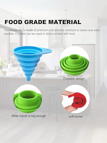 4-Pack Silicone Funnel Set,4 Sizes Foldable Food-Grade Kitchen Funnels for Cooking,Baking Bottles & Liquids,Easy Storage