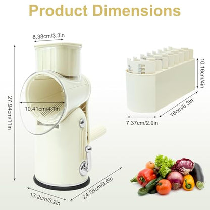 5 in 1 Cheese Grater with Rotary Hand Crank - Vegetable Chopper with Replaceable Stainless Blades, Strong Suction Base, Handle, Blade Storage Box, Easy-Clean Multipurpose Kitchen Slicer (White) - color: White