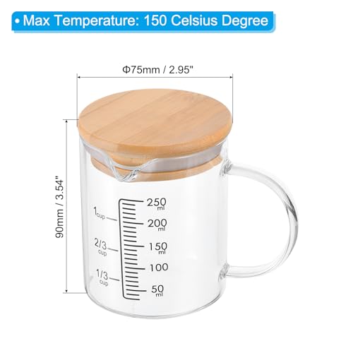 PATIKIL 250ml Glass Measuring Cup, 3.3 Borosilicate Glass Graduated Black Printed Scale Liquid Measure Cups Beaker with Wood Lid and V-Shaped Spout for Kitchen