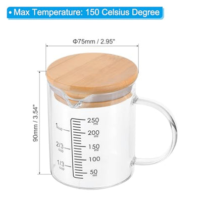 PATIKIL 250ml Glass Measuring Cup, 3.3 Borosilicate Glass Graduated Black Printed Scale Liquid Measure Cups Beaker with Wood Lid and V-Shaped Spout for Kitchen