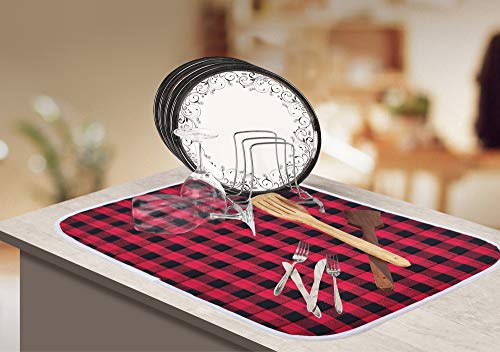 Ramanta Home Buffalo Plaid Check Dish Drying Mat Set of 2 Red Black - 18x24 Inches, Cotton Top Cover Absorbent Dish-Drying Mats For Sink, Dishwasher | Large Kitchen Countertop Protector Dishes Pad - color: Red/Black