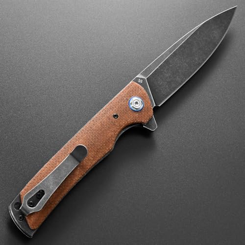 Eafengrow EF973 Folding Knife, D2 Steel Blade Micarta Handle Scale Pocket Knife Folder for Working Camping Hiking EDC Tool Knife(brown) - color: brown