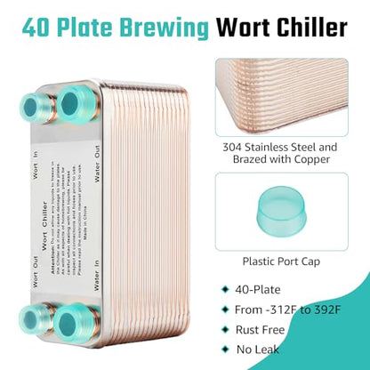 40 Plate Wort Chiller, Brazed Plate Heat Exchanger for Homebrew, Stainless Steel Plate Beer Brewing Wort Chiller, 1/2 & 3/4NPT Thread Wort Cooler System