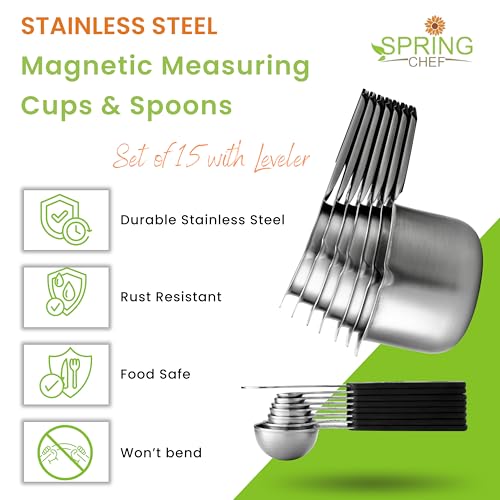 Spring Chef Magnetic Measuring Cups & Spoons Set (Patent Pending), Strong N45 Magnets, Heavy Duty Stainless Steel Fits in Spice Jars for Baking & Cooking, BPA Free, Round Set of 15 with Leveler, Black