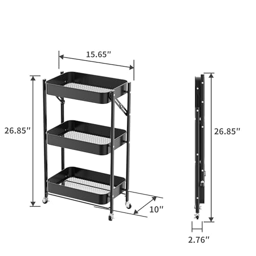 JAQ No Assembly Required Under Desk Rolling Cart, 3-Tier Foldable Metal Utility Cart, 26.8" Low Profile Storage Cart with Wheels, 10" Narrow Small Space Organizer, Black - color: Black