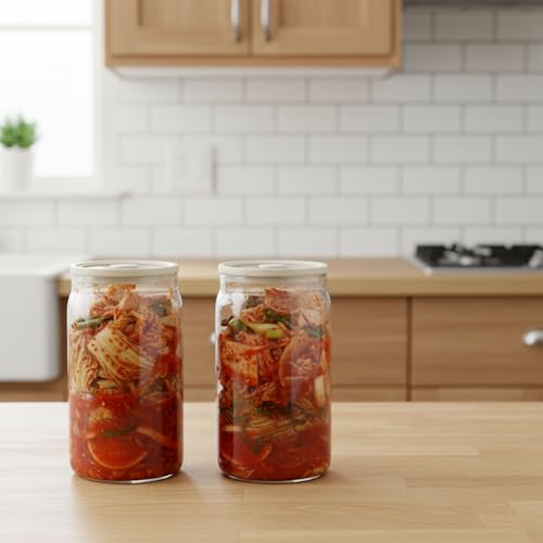 Pickle Jar, 2 Pack 1200ml/40.6 oz Kimchi Container, Airtight Clear Fermentation Canister, Wide Mouth Refrigerator Storage with Silicone Ring & Exhaust Valve for Radish, Onion, Sauerkraut