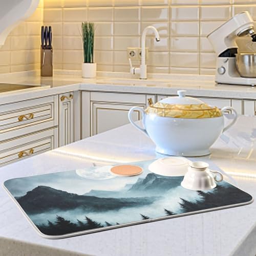 Moon Pine Trees Mountain Dish Drying Mat for Kitchen Counter Super Absorbent Draining Mat with Non-slip Backed Dish Drying Pad for Draining Racks Countertops Sinks Dish Bottles Cups Bowl