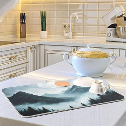 Moon Pine Trees Mountain Dish Drying Mat for Kitchen Counter Super Absorbent Draining Mat with Non-slip Backed Dish Drying Pad for Draining Racks Countertops Sinks Dish Bottles Cups Bowl