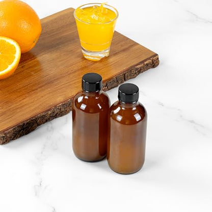 Restaurantware Vetri 4 Ounce Boston Glass Bottles, 24 Sample Bottles With Black Phenolic Caps - Dishwashable, Round, Amber Glass Bottle, For Potion, Juice, Ginger Shots, Whiskey, Liquids - color: Amber, size: 4 oz