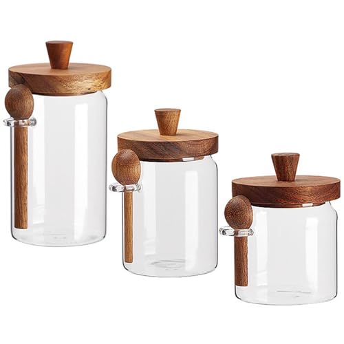 Coriario Glass Jar with Lid and Spoon 13&20&24 OZ Coffee Tea Sugar Canister Set of 3 Clear Glass Candy Jars Wooden Lids Wide Mouth Glass Coffee Storage Canister for Food Kitchen - color: clear-set of 13/20/24oz