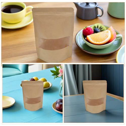 Kraft Paper Stand-up Bags with Window Snack and Cheese Storage Pouches 50pcs Resealable Multipurpose Kraft Food Packaging Bags for Travel and Organizing