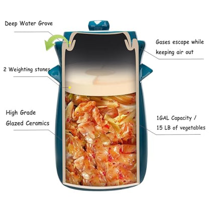 Fermentation Crock 3.8Liter/1 Gallon Stoneware Pot for Fermenting, Pickling Kimchi, Pickles, Vegetables, Kombucha - Glazed Fermenter with Stone Weights, Lid & Pickle Tamper-Blue Crock