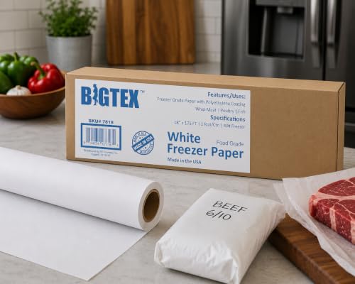 White Freezer Paper 18 inch x 175 feet, 2” Core, 1 Roll, 40lb. Big Tex by ALLIANCE – Food Grade Paper W/Side Cutter, Made in the USA