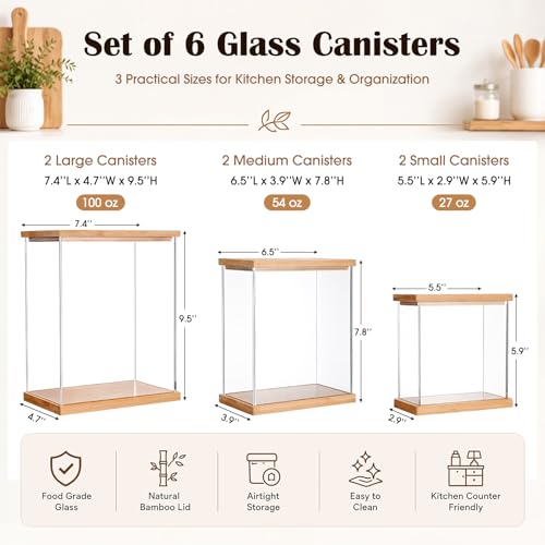 6 Pack Acrylic Pantry Storage Containers with Bamboo Lid Airtight Food Cereal Containers Storage 100oz, 54oz, 27oz with 144 Pantry Labels and Spoon for Flour Sugar, Cereal, Spice - size: 100oz,54oz,27oz
