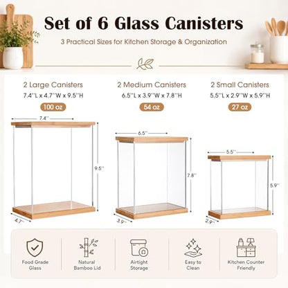 6 Pack Acrylic Pantry Storage Containers with Bamboo Lid Airtight Food Cereal Containers Storage 100oz, 54oz, 27oz with 144 Pantry Labels and Spoon for Flour Sugar, Cereal, Spice - size: 100oz,54oz,27oz