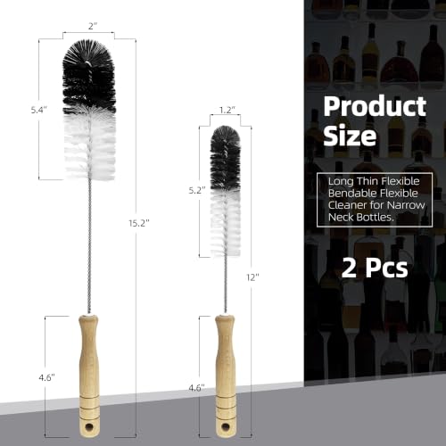 2 Pcs Bottle Brushes Set with Wooden Handle, Long Thin Flexible Bendable Flexible Cleaner for Narrow Neck Bottles, Water/Wine/Beer/Baby Bottles, Pipes, Tubes, Hoses, Teapots - Bendable