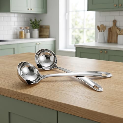 Fat Separator Ladle with Pour Spout Stainless Steel Oil Skimmer Spoon for Cooking Grease Separation and Soup Serving 10.43 Inch Set of 2