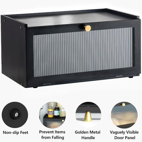 ETMI Black Bread Box for Kitchen Countertop - Modern bamboo Bread box with Window Bread Storage Container - color: Black