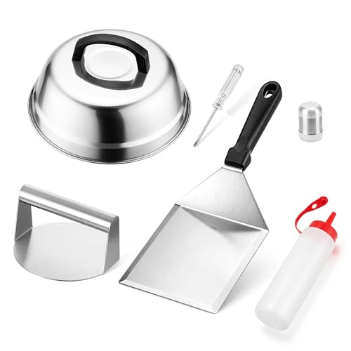 Smash Burger Kit 5Pcs, HaSteeL 9" Basting Cover, Metal Spatula and Bacon Press for Griddle, Heavy Duty Stainless Steel Spatula, Griddle Accessories Kit Perfect for Flat Top Teppanyaki Grilling Cooking