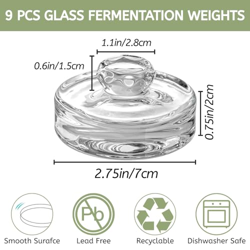 YOUEON 9 Pack Fermentation Glass Weights with Easy Grip Handles for Wide Mouth Mason Jars, Pickling Jars, Glass Fermentation Weights for Fermenting Kit, Sauerkraut, Kimchi and More