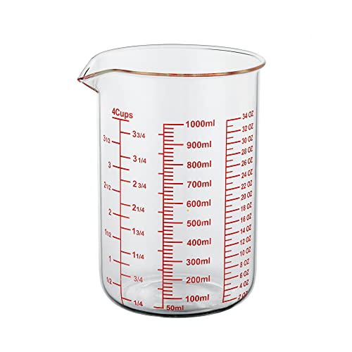 High Borosilicate Glass Measuring Cup-V-Shaped Spout，Glass Measuring Beaker for Kitchen or Restaurant, Easy to Read, 1000 ML (32 Oz, 4Cup) - size: 4Cup,1000ML