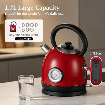 1.7L(57oz) Retro Electric Water Kettle, 1500W 304 Stainless Steel Temperature Control Tea Pot, Cordless LED, Built-in Thermometer, Auto Shut-Off & Boil Dry Protection - color: Red