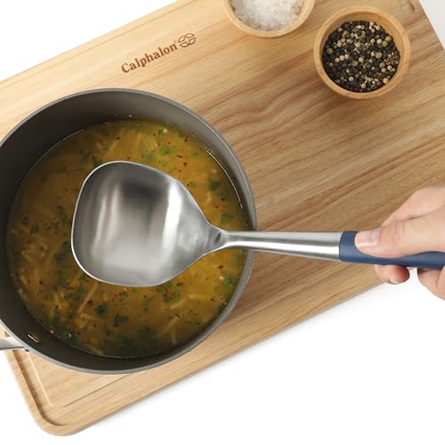 Calphalon Edge Soup Ladle, Stainless Steel Soup Ladle, Serving Ladle with Silicone Handle, Heat-Resistant Nonstick-Safe Kitchen Ladle for Soups, Sauces & Stews, Navy - color: Navy Blue w/ Rubber Handle (Edge - Soup Ladle)
