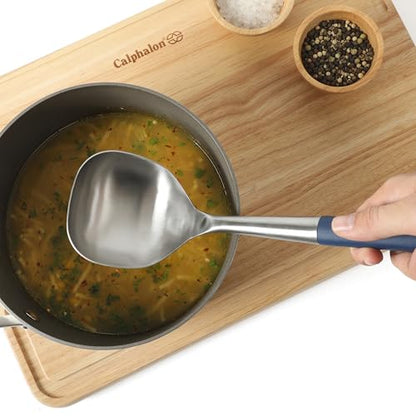 Calphalon Edge Soup Ladle, Stainless Steel Soup Ladle, Serving Ladle with Silicone Handle, Heat-Resistant Nonstick-Safe Kitchen Ladle for Soups, Sauces & Stews, Navy - color: Navy Blue w/ Rubber Handle (Edge - Soup Ladle)