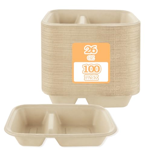 ABuff 100 Pack 2 Compartment Paper Bowls Chip Dip, Nacho Cheese and Salsa, 26 Oz Compostable Food Containers Bagasse Bowls, Biodegradable Meal Prep Food Storage Deli Container for Hot/Cold Foodd