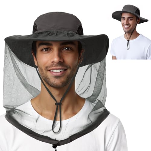 American Trends Fishing Hat with Hidden Mosquito Net Bug Net Bee Keeper Hats with Veil Bucket Hat for Men Women - color: Dark Grey