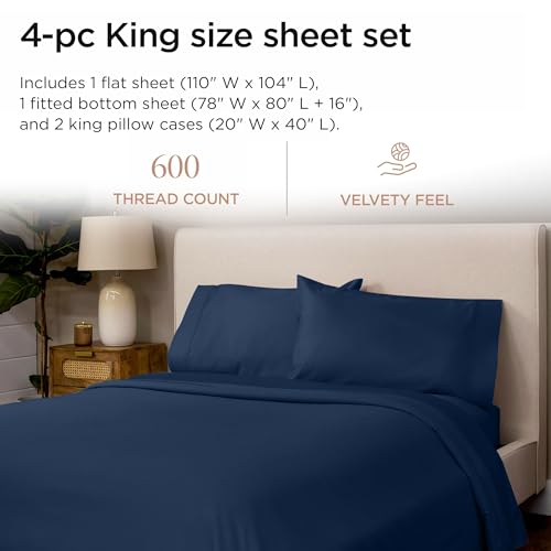 Threadmill 100% Cotton Sheets for King Size Bed - 600 Thread Count King Bed Sheets Set with 16” Deep Pocket - Sateen Weave 4-Piece Bedding Set with Cooling Effect, Folkstone Blue - color: Folkstone Blue Solid, size: King