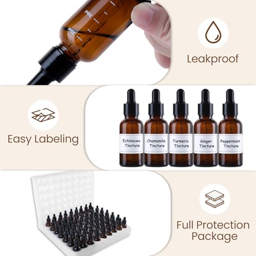 UPBUD 63 Pcs 1oz Amber Glass Dropper Bottles with Measurement, 30ml Leakproof Tincture Bottles with Funnels, Eye Droppers, Extra Caps & Labels, Refillable Empty Bottle for Tinctures, Essential Oils - color: Amber-1oz, size: 1oz