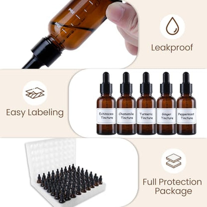 UPBUD 63 Pcs 1oz Amber Glass Dropper Bottles with Measurement, 30ml Leakproof Tincture Bottles with Funnels, Eye Droppers, Extra Caps & Labels, Refillable Empty Bottle for Tinctures, Essential Oils - color: Amber-1oz, size: 1oz