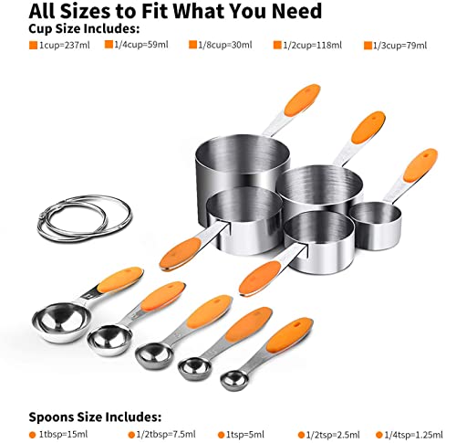 SEEK42 Measuring Spoons and Cups Set of 10 Pieces, Stainless Steel Measuring Utensils with BPA-Free Silicone Grips,Metal Scale Tools for Kitchen Cooking Baking, Dishwasher-Safe (Orange)