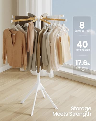 SONGMICS Clothes Drying Rack, with Bamboo Hanging Rods, Foldable Metal Laundry Rack, Space-Saving, Free-Standing Airer, Indoor Use, White and Natural ULLR516W01 - size: 1 Tier