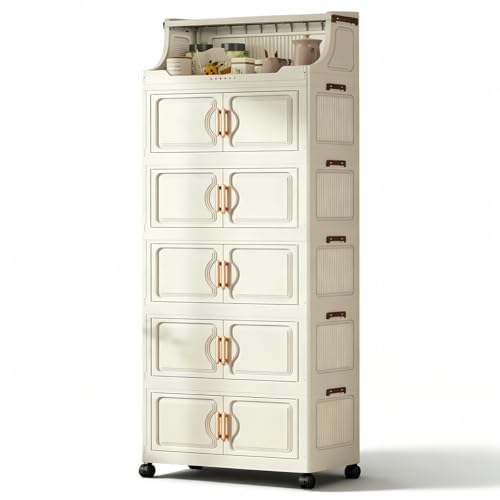 260QT Stackable Storage Bins with Lids & Rack, 6 Tier Large Capacity Foldable Storage Cabinet, Clear Collapsible Pantry Organizer for Home, Kitchen, Bathroom, Dorm, Office, White - color: White, size: 6 Tier 43.5QT
