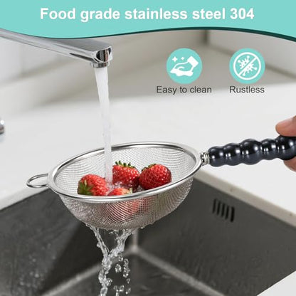 3 Sizes（2.76"+3.15"+3.94") Single Fine Mesh with Non-Slip Ceramic Handle,Perfect for Sift, Strain, Drain Rinse Vegetables