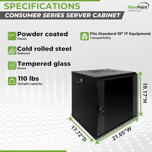 NavePoint 9U Server Rack Enclosure with Glass Door, Cooling Fan, Locks, & Removable Side Panels - 9U Wall Mount Network Cabinet 19 Inch Rack 17.7 Inches Deep - size: 9U