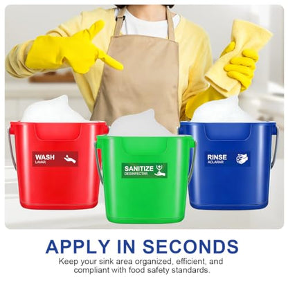 Magicfour Wash Rinse Sanitize Sink Labels, 6”x2” Small Size, 5 Pack 3 Compartment Sink Signs, Waterproof Sticker for Wash Station, Commercial Kitchens, Restaurant, Food Trucks, Dishwashing - size: 5Pcs Sink Labels 6”x2“
