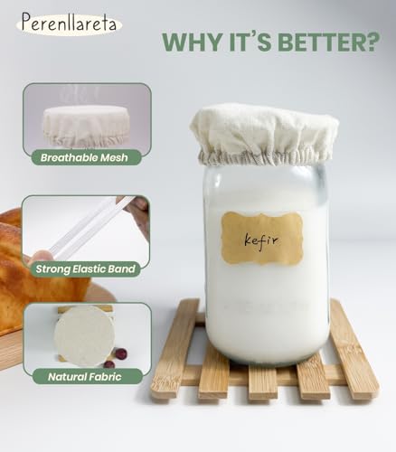Cloth Tops for Mason Jars 4 inch Wide Mouth | Reusable Regular Sourdough Starter Lids | Breathable Cap Replacement for Gallon Glass Jar - style: Unbleached Poly-cotton