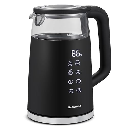 Elite Gourmet 1.7L Dual Wall Cool Touch Electric Tea Kettle, Borosilicate Glass, 304 Stainless Steel Interior, Programmed Digital Touchscreen, Keep Warm, Auto Off & Audible Indicator, Black - size: 1.8 Quarts