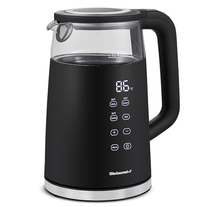 Elite Gourmet 1.7L Dual Wall Cool Touch Electric Tea Kettle, Borosilicate Glass, 304 Stainless Steel Interior, Programmed Digital Touchscreen, Keep Warm, Auto Off & Audible Indicator, Black - size: 1.8 Quarts