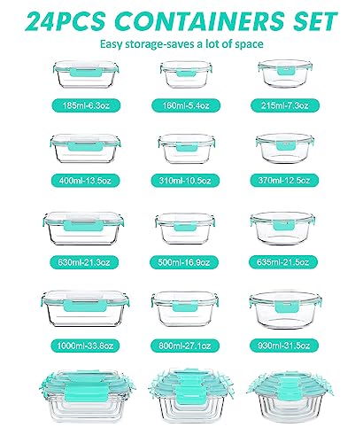 VERONES 12 Packs Glass Food Storage Containers Set, Airtight Glass Lunch Containers, Glass Meal Prep Containers with Lids,Exclusive of BPA, for Microwave, Oven, Freezer & Dishwasher Friendly,Green - color: Green-24
