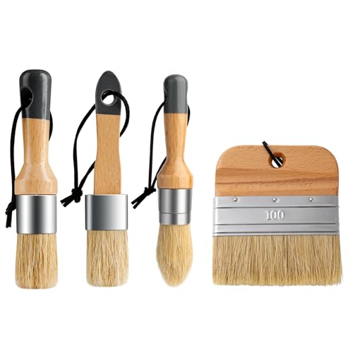 Mister Rui Chalk Wax Paint Brush, 4pcs, Chalk Paint Brushes for Furniture, Flat Pointed and Round Brush with Natural Bristles for Chalk Paint and Wax, Natural Bristles Stencil Brushes, No Shedding