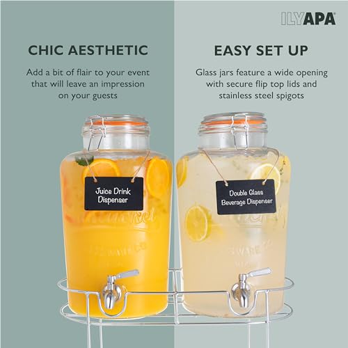 Ilyapa 2 pack 2 Gallon Glass Beverage Dispenser with Stand- Wide Mouth Mason Jar Drink Dispensers with Spigot - Leak Proof Glass Flip Top Lid - size: 2 Gallon Double Flip Top Dispenser