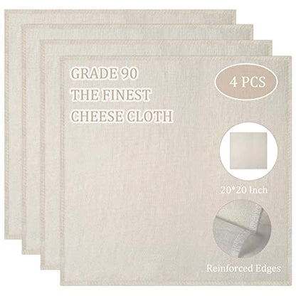 Cheesecloth, Precut 20x20Inch, Grade 90 Hemmed Cheese Cloths for Cooking Reusable and Washable, 100% Unbleached Pure Cotton Muslin Cloths for Straining Butter, Cheese, Nut Milk (4 Pieces)